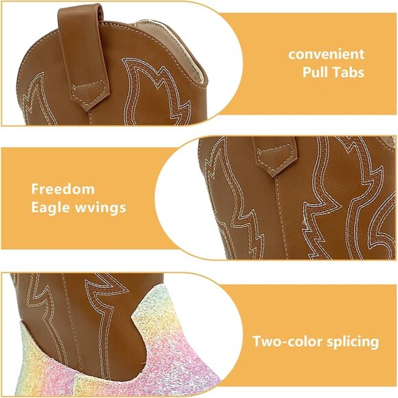 xinlanlin Kids Sequins Rainbow Brown Embroidered Square Toe Glitter Western Boot - Picture 4 of 6